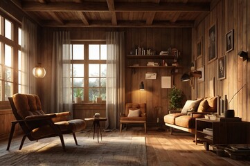 A cozy, rustic living room with wooden walls, floor, and ceiling. The room features a large window with sheer curtains, comfortable leather armchair. Plants and decorative items