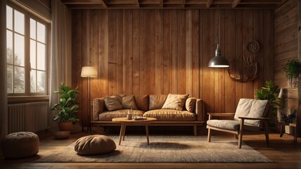 Cozy Living Room with Wooden Interior , featuring a large window. The room is furnished with a brown leather sofa, a wooden coffee table, and an armchair. There are plants and decorative items.