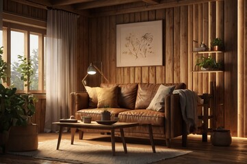 Cozy Living Room with Wooden Interior , featuring a large window. The room is furnished with a brown leather sofa, a wooden coffee table, and an armchair. There are plants and decorative items.