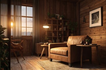 Cozy Living Room with Wooden Interior , featuring a large window. The room is furnished with a brown leather sofa, a wooden coffee table, and an armchair. There are plants and decorative items.