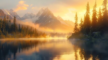 Fototapeta premium Misty sunrise over a serene mountain lake with towering peaks and evergreen trees