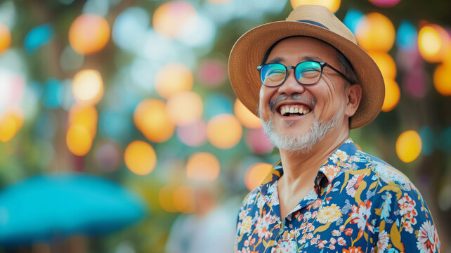 Happy mature man at outdoor festival - Powered by Adobe