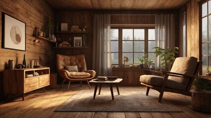 A cozy, rustic living room with wooden walls, floor, and ceiling. The room features a large window with sheer curtains, comfortable leather armchair, a wooden coffee table. Plants and decorative items