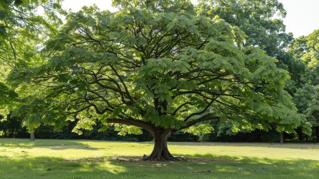 Horse chestnut tree displaying broad green leaves within the park