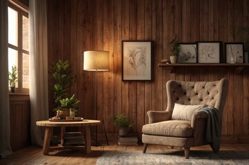 A cozy, rustic living room with wooden walls, floor, and ceiling. The room features a large window with sheer curtains, comfortable leather armchair, a wooden coffee table. Plants and decorative items