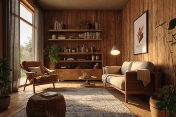 Cozy Living Room with Wooden Interior , featuring a large window. The room is furnished with a brown leather sofa, a wooden coffee table, and an armchair. There are plants and decorative items.
