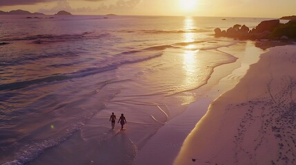 Anse Source dArgent beach La Digue Island Seyshelles Drone aerial view of La Digue Seychelles bird eye viewof tropical Island couple men and woman walking at the beach during sunset at : Generative AI