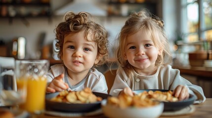 A young girl and boy thoughtfully share a meal at a table, showcasing a bond in a cozy, domestic environment