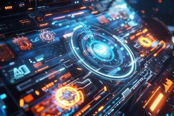 Obraz premium Futuristic digital interface with holographic elements, showcasing advanced technology and high-tech design in a vibrant, colorful setting.