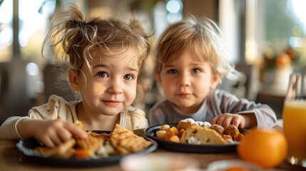 Two young kids savoring a meal together, with plates full of delicious breakfast items and bright lighting