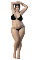 黒いビキニ姿の太り過ぎの女性のイラスト 日本人3Dモデルの全身正面