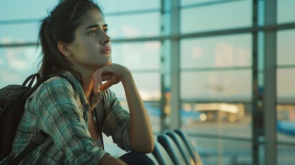Obraz premium Bored thoughtful female traveler leaning on hand and looking out window while sitting near backpack and waiting for flight in modern airport : Generative AI