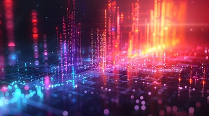 Vibrant Digital Display of Financial Data and Market Trends with Colorful Lines and Bar Charts