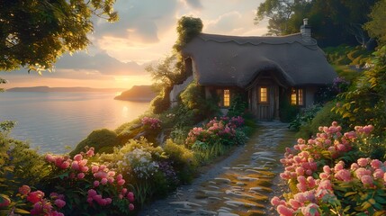 Quaint Thatched-Roof Cottage by the Serene Seaside with Lush Floral Gardens and Glowing Sunset