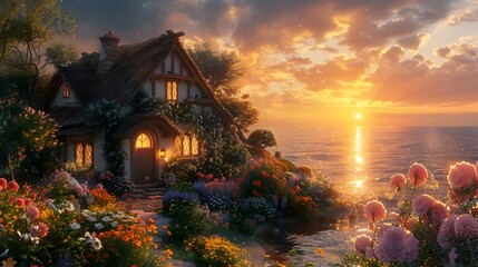 Charming Thatched Cottage by the Sea with Glowing Sunset Floral Gardens in Vintage Film Aesthetic