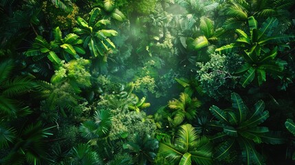 Lush, green canopy teeming with life, viewed from above in a tropical rainforest AI generated