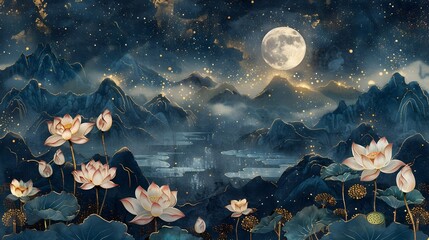 Elegant Prestigious Lotus Flower Night Landscape with Glowing Moon and Serene Mountain Backdrop