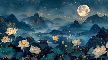 Elegant Nighttime Landscape with Blooming Lotus Flowers and Glowing Moon Amid Serene Mountains