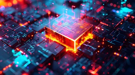 Obraz premium Vulnerable 3D Firewall Surrounded by Bright Digital Indicators