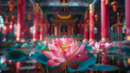 Obraz premium Mesmerizing Asian Buddhist Temple with Vibrant Lotus Flowers and Ornate Architectural Details