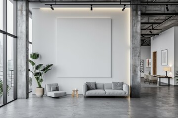 Mockup of blank wall with poster in office room created with Generative AI