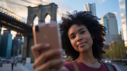 Pretty mixed race woman taking a selfie in New York Brooklyn Bridge in the background  Beautiful girl walking on the streets of NY and photographing some landmarks : Generative AI