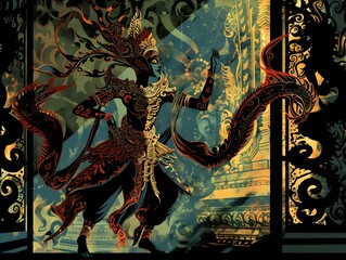 Naklejka premium Captivating Thai Shadow Puppet Performance with Ethereal Elemental Spirits and Ornate Costume Design