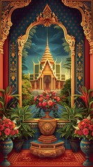 Majestic Thai Temple Mural with Ornate Architectural and Floral Elements