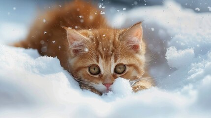 Little orange kitten covered in snowflakes looks up curiously against a snowy background