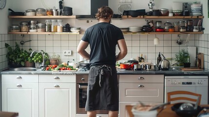 An individual is engaged in food preparation, facing shelves full of kitchen supplies in a contemporary setting