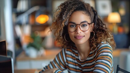 Curly-haired designer working confidently at her desk in a modernly decorated office, highlighting creative professionalism