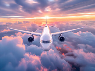 Stunning view of a commercial airplane flying above the clouds during a breathtaking sunset, offering a majestic aerial perspective.
