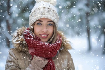 A cheerful woman wrapped in a scarf smiles warmly amidst a flurry of winter snowflakes