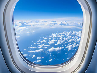 Aerial view through an airplane window showing beautiful clouds and blue sky, capturing the essence of travel and adventure.