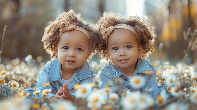 Two identical twins with flower headbands in denim, sitting and playing in a blossom-covered field