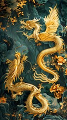 Fototapeta premium Majestic Thai Royal Pattern with Gilded Mythical Creatures and Opulent Jewel-Encrusted Embellishments