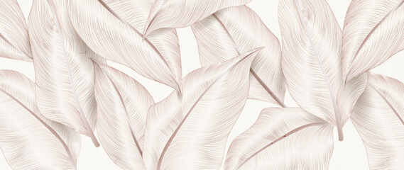 Abstract luxury art background with exotic leaves in pink line art style. Botanical tropical banner for decor, wallpaper, print, textile, poster, packaging, interior design.