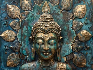 Fototapeta premium Resplendent Thai Buddhist Art Motif with Ornate Golden Buddha Centerpiece and Lotus Patterns