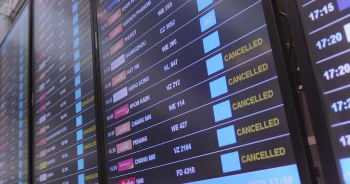 Flight departure board with some cancelled or delayed flights on a screen