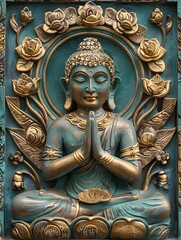 Fototapeta premium Resplendent Thai Religious Art with Ornate Golden Buddha and Lotus Patterns