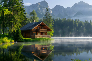 Obraz premium Small wooden house sitting on river, beautiful nature background