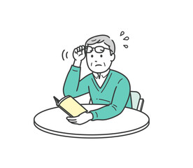 老眼鏡の度が合わず本が見づらく困っている高齢男性イラスト
