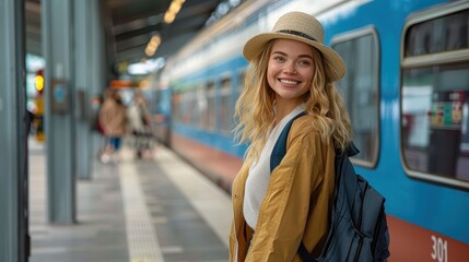 Smiling female traveler with a hat stands beside a train at a station platform