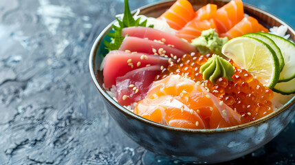 A bowl of chirashi sushi with various sashimi toppings over sushi rice