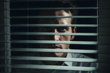 Man peeking through window blinds