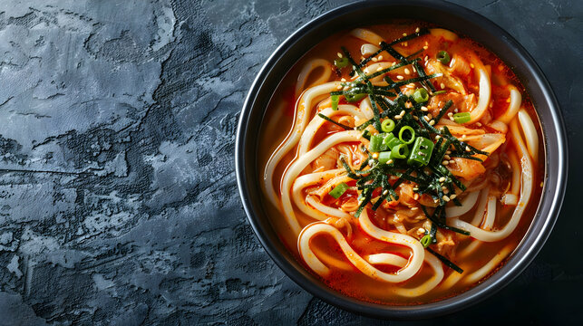 A bowl of hot and spicy kimchi udon