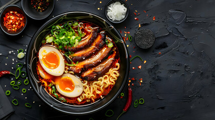 A bowl of hot and spicy ramen with chashu pork and green onions