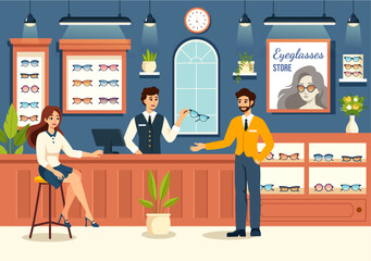 Vector Illustration of an Eyeglasses Store or Optical Shop featuring Accessories, an Optician, Vision Checking, and Eyeglasses in a Flat Background