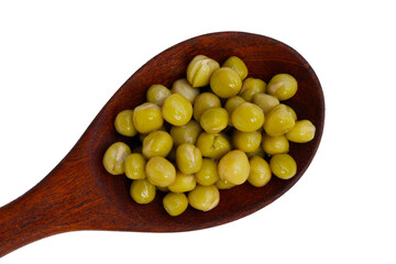 Canned green peas on white background.