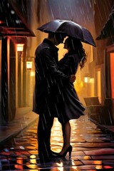 비내리는 골목길에서 우산속에서 키스하는 한쌍의커플